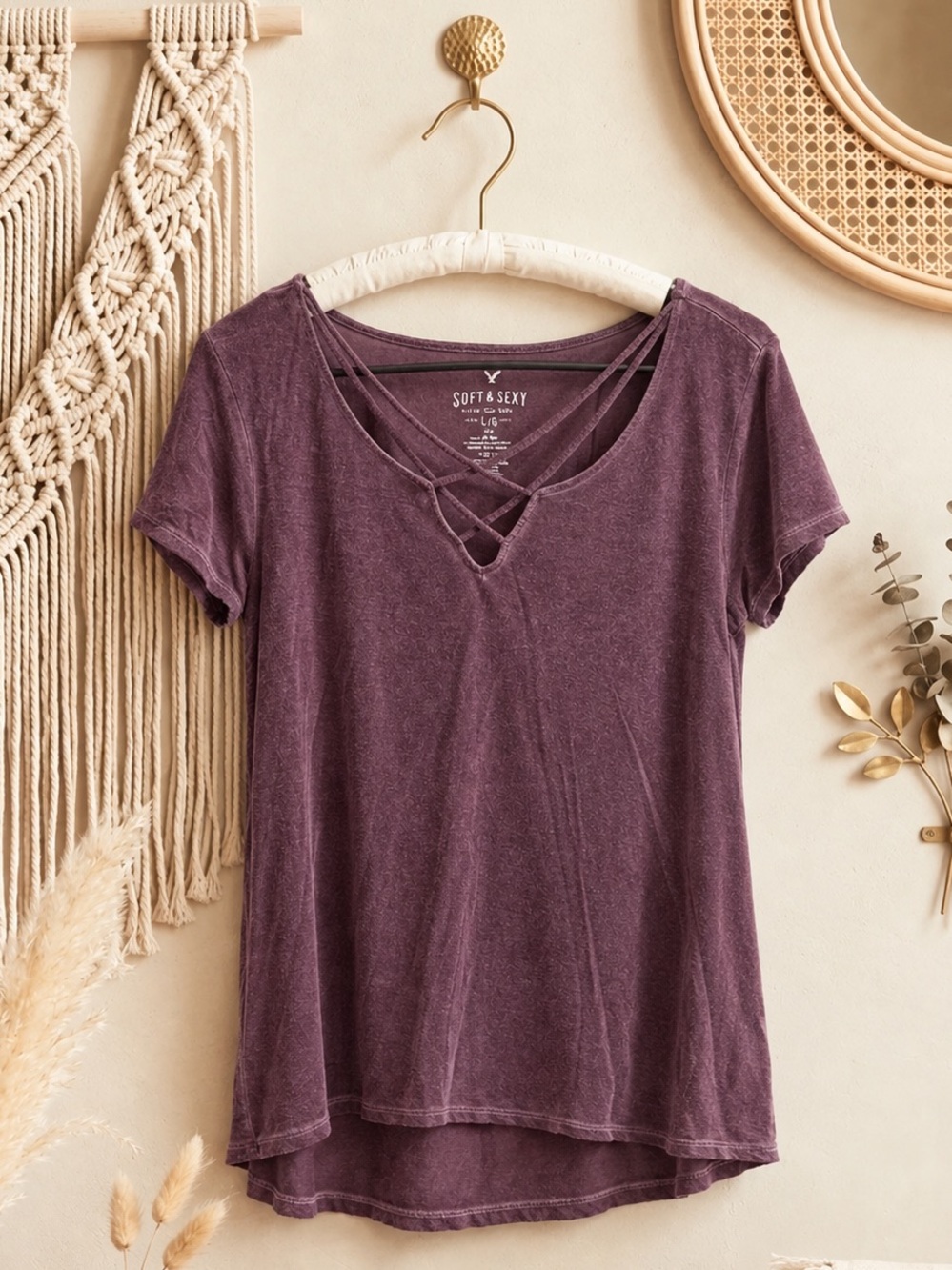 American Eagle Plum Crisscross V-Neck Tee